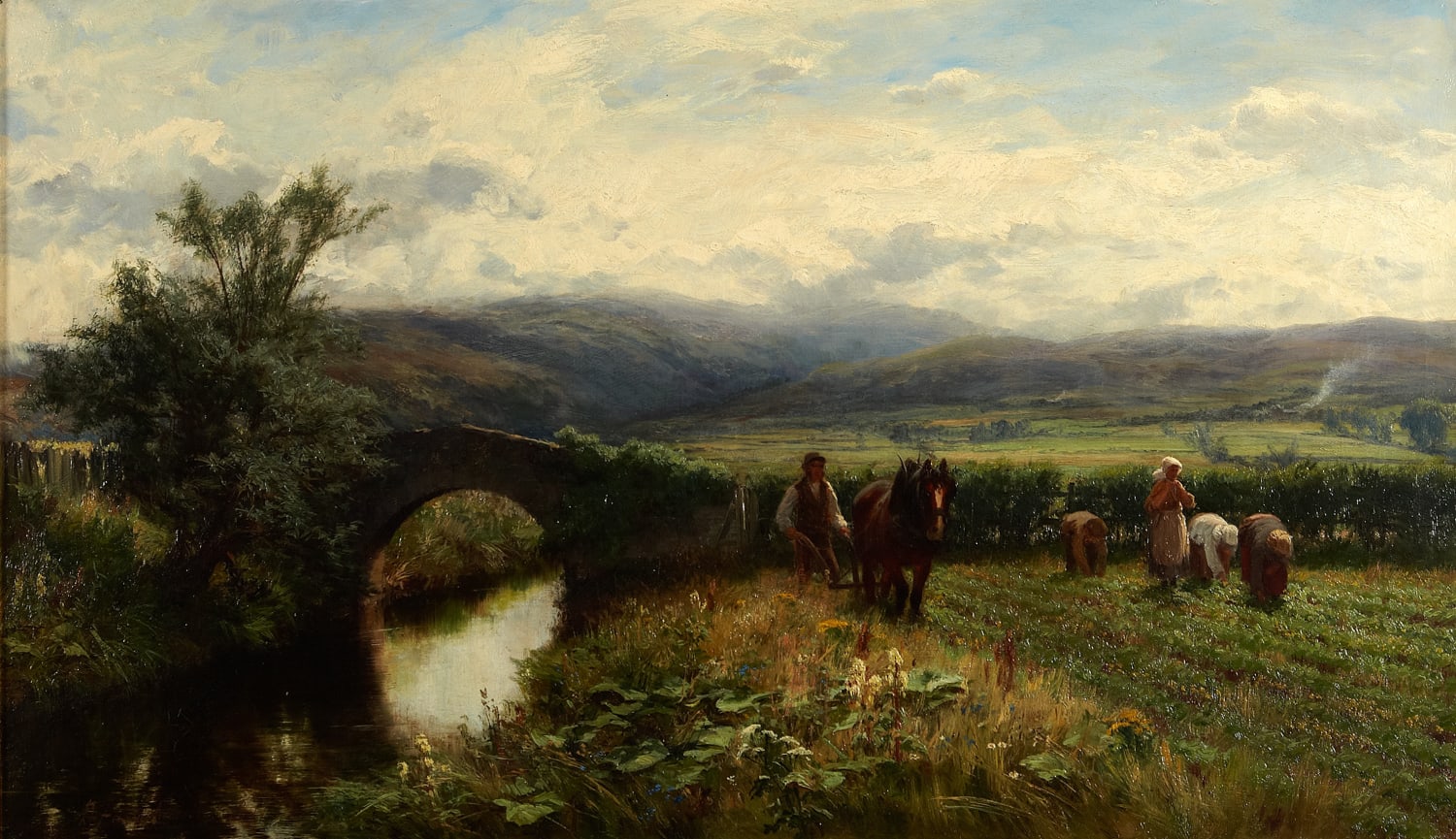 David Farquharson ARSA (1840-1907), The Banks o' Allan Water (aka The Last Furrow)  Oil on canvas, 1877, 53.5 x 91.1cm  Bequest Miss Macnaughton, Perth ( 1914) 1996.043