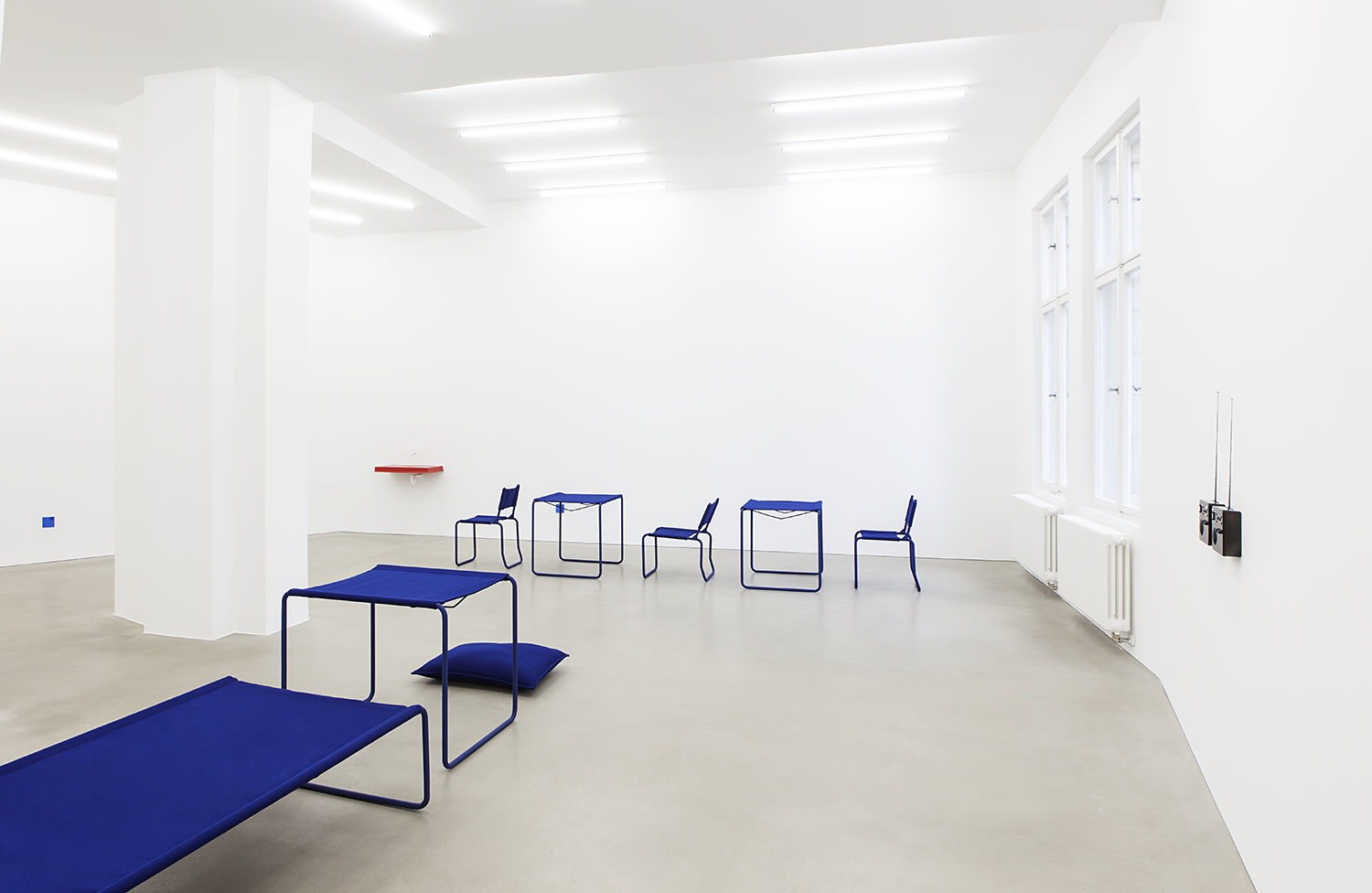 Sequence (chair, bed, table, pillow), 2014 (front, detail) Sequence (chair, table, chair, table, chair), 2014 (back) Both works: PU paint...