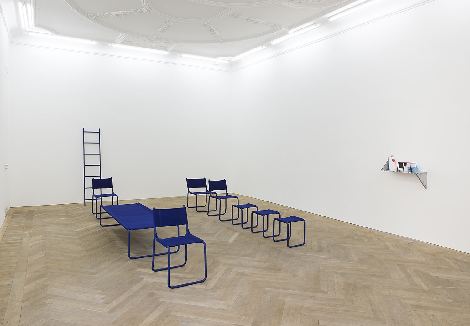 Sequence (ladder, interval, chair, bed, chair), 2014 (left) Sequence (chair, chair, stool, stool, stool), 2014 (right) PU paint on metal,...