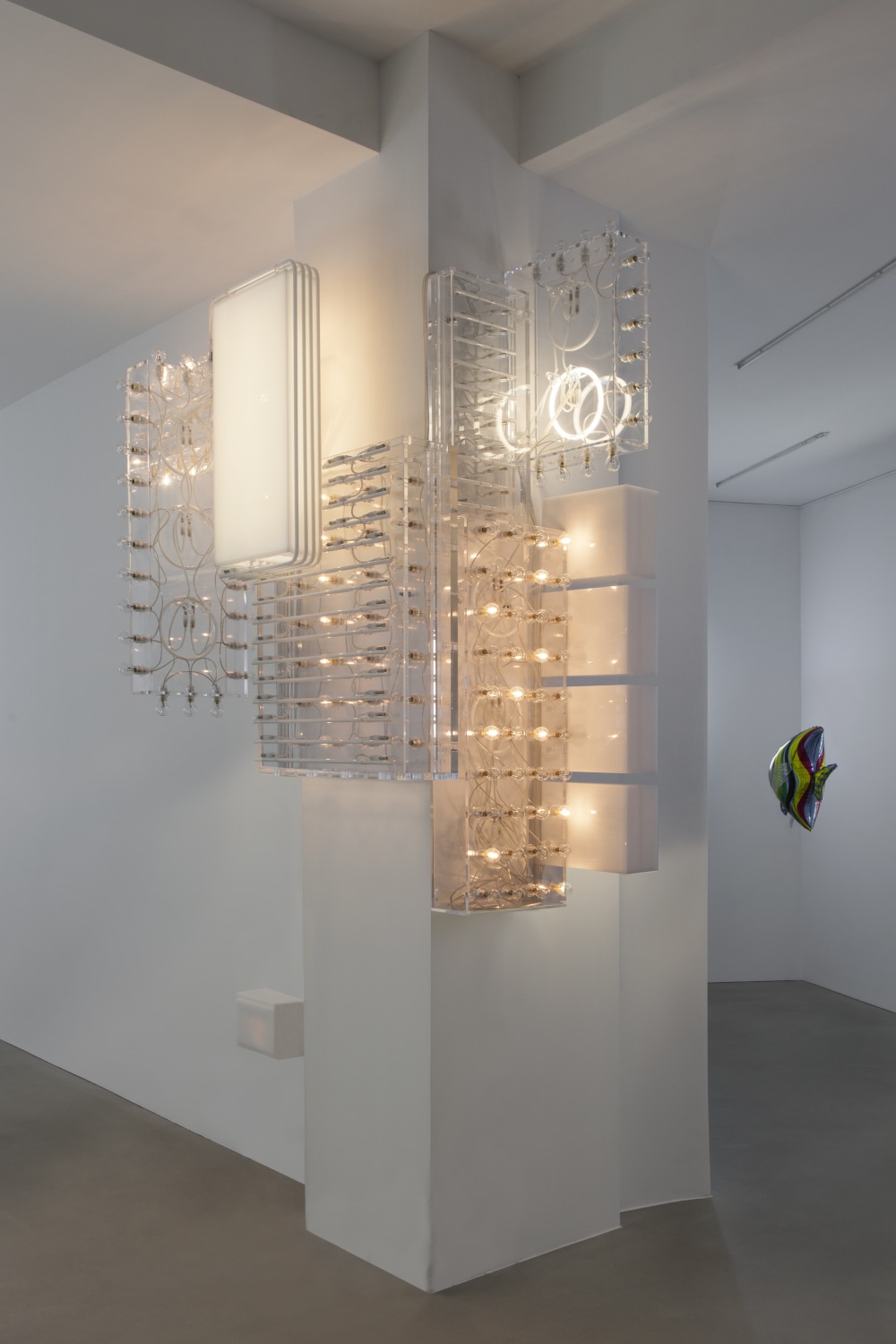 Marquee (cluster), 2014 56 neons, 20 transformers, 132 light bulbs, 8 sound transducers, sound amplifiers, microphones, computer, soundcard This is...