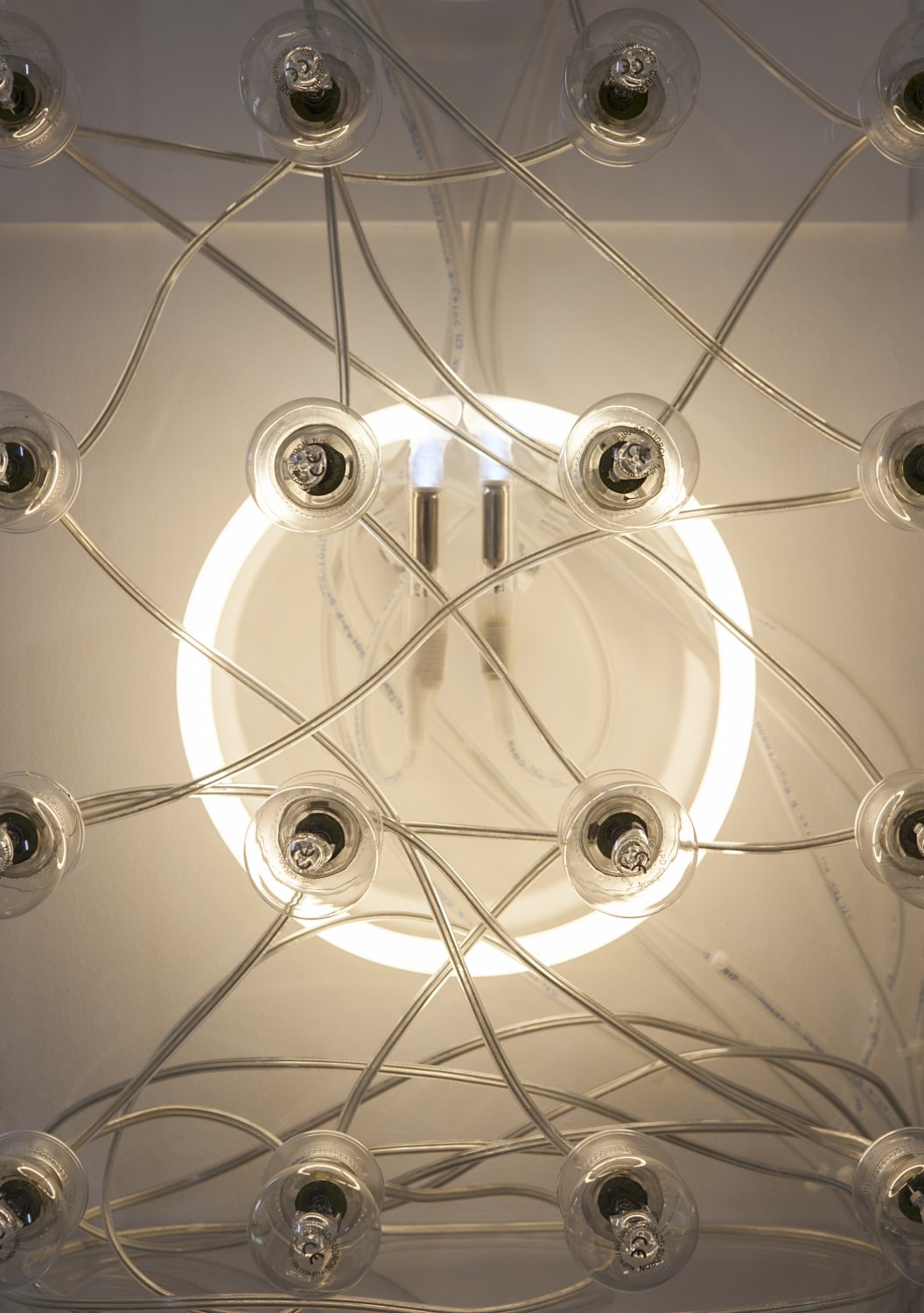 Marquee (cluster), 2014 (detail) 56 neons, 20 transformers, 132 light bulbs, 8 sound transducers, sound amplifiers, microphones, computer, soundcard This...