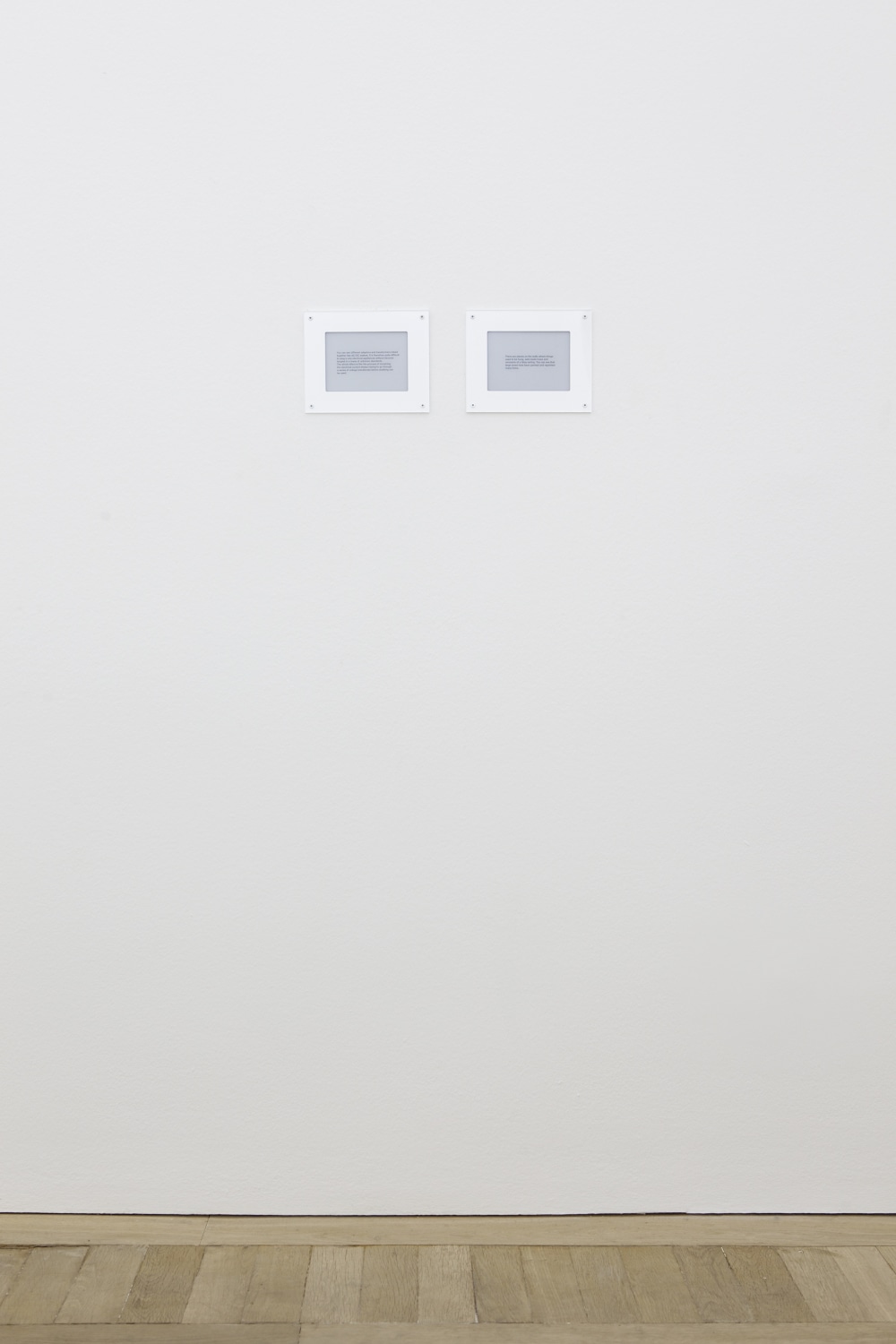 Flickering Labels, 2013 Electronic paper, 2 parts Programmed to vary in brightness and to display text that scrolls in changing...