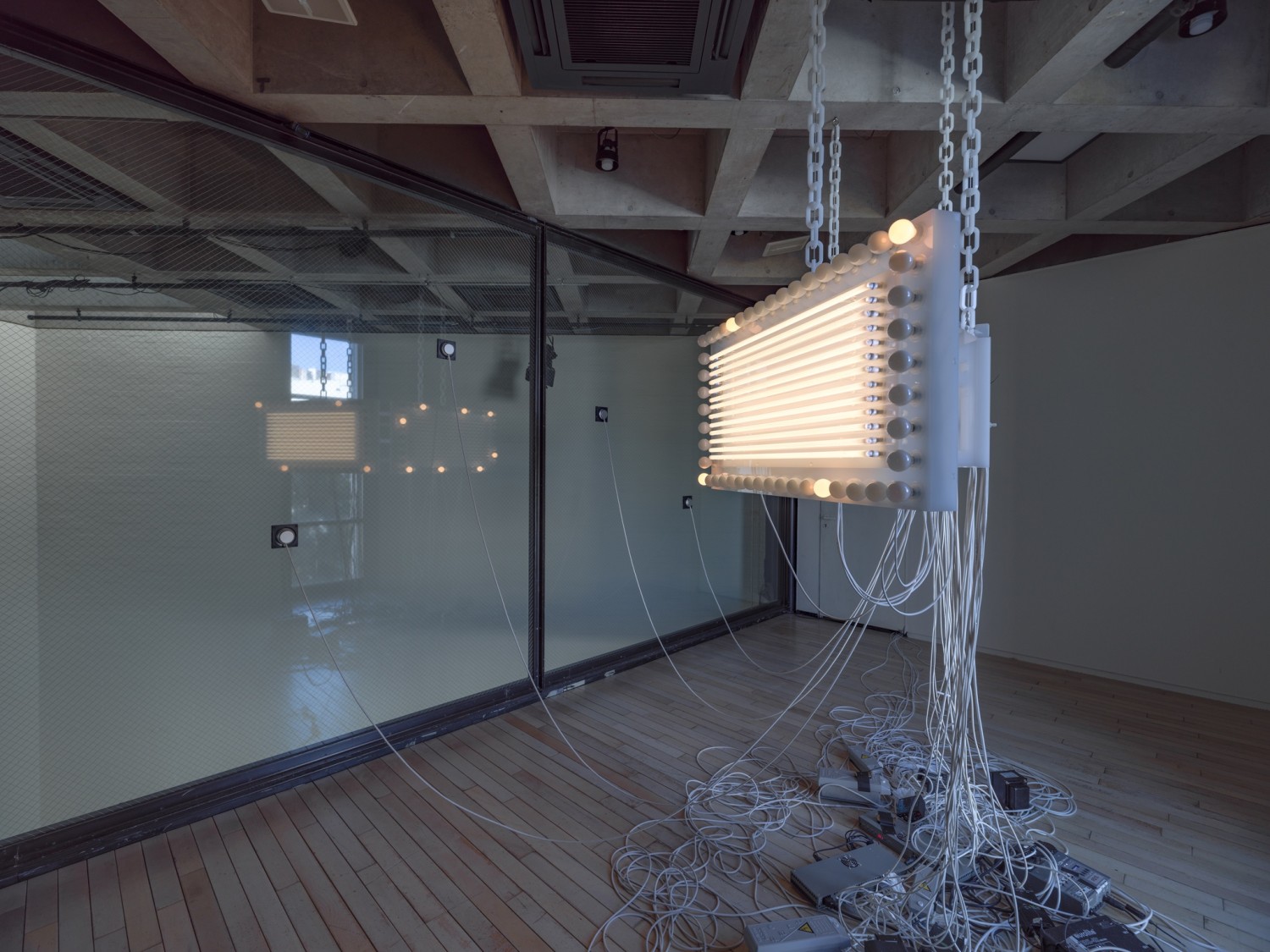 Marquee, 2016 Opaque Plexiglas, lightbulbs, neon tubes, DMX recorder, dimmers, transducers, light and sound program, opaque acrylic chains 60 x...