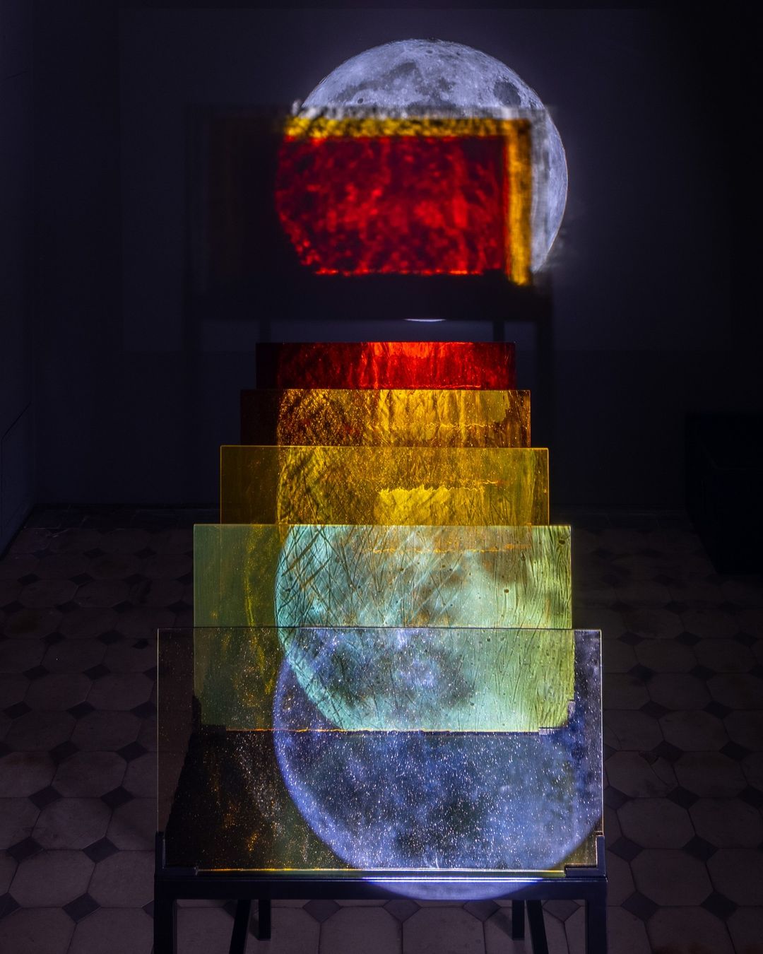 Rosa Barba, The Color Out of Space, 2015, 5 colored glass filters, steel base, HD video, color, sound; 36 min....
