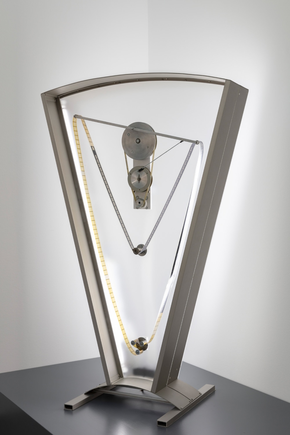 Rosa Barba, Color Clock (yellow): Verticals Lean Occasionally Consistently Away from Viewpoints, 2012. Exhibition view: Fixed in Fleeting: Performative Objects...
