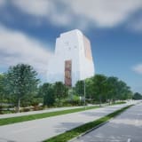 Renderings and Photos of the Obama Foundation Museum Building's 83-Foot Tall Painted Glass Window by Artist Julie Mehretu