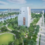 Renderings and Photos of the Obama Foundation Museum Building's 83-Foot Tall Painted Glass Window by Artist Julie Mehretu