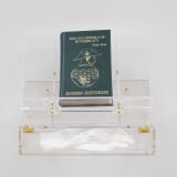 Tavares Strachan, Encyclopedia of Invisibility (Pocket Guide), 2024, leather, gilding, archival paper, lucite box and stand, overall: 9 1/4 x 12 1/8 x 10 in., edition of 250, courtesy of the Artist and Marian Goodman Gallery (photo: Elon Schoenolz)