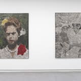 Daniel Boyd, Untitled, 2015. Private collection (left); Untitled (ILYM), 2022. Courtesy of Marian Goodman Gallery. Installation view: Sharjah Biennial 16, Al Mureijah Art Spaces, Sharjah, 2025. Photo: Shanavas Jamaluddin