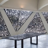 Daniel Boyd, Untitled (DR), 2023 (centre); and Untitled (25° 21' 11.1" N 55° 24' 43.9" E), 2025. Commissioned by Sharjah Art Foundation. Installation view: Sharjah Biennial 16, The Flying Saucer, Sharjah, 2025. Image courtesy of Sharjah Art Foundation. Ph