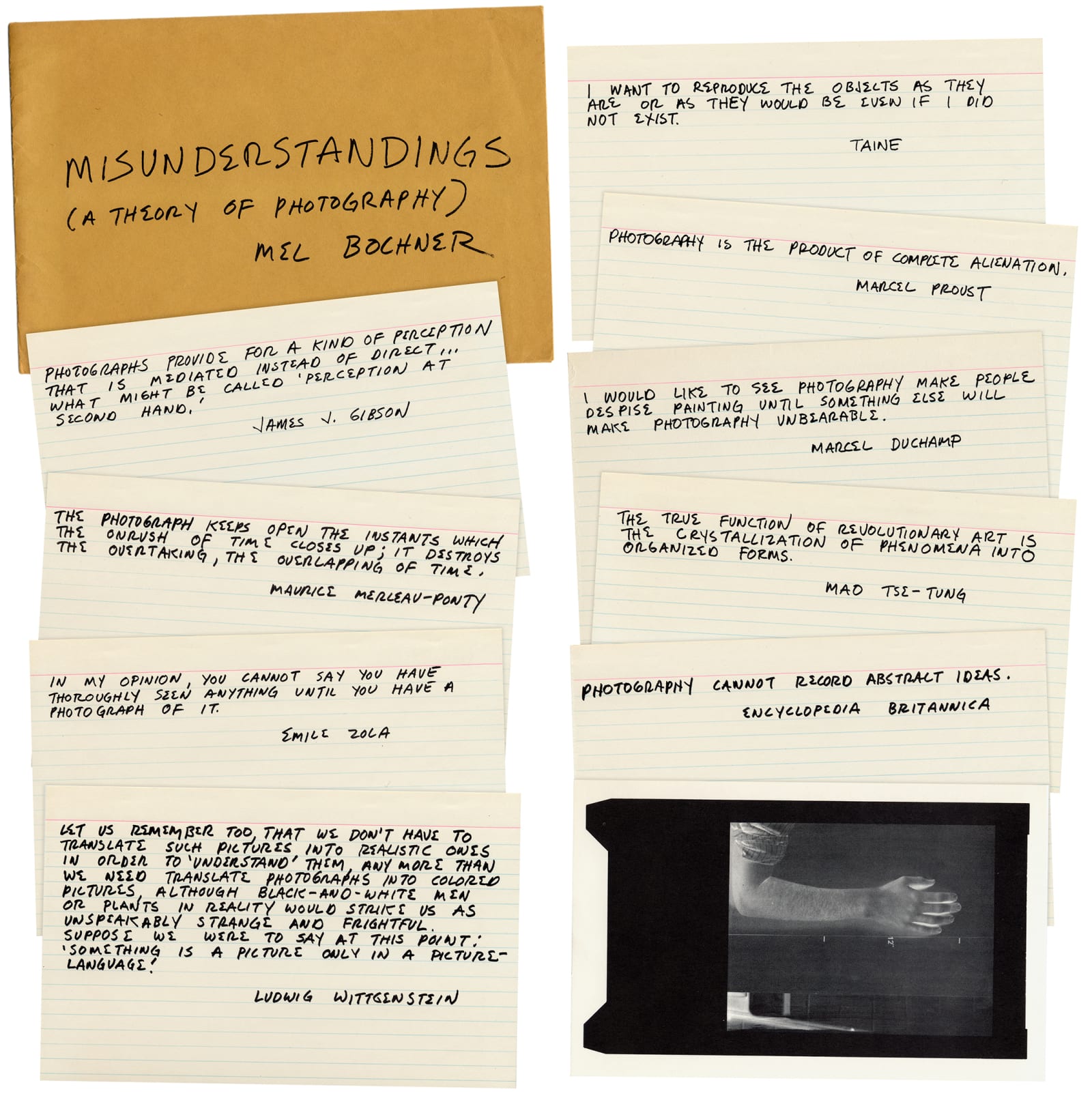 Mel Bochner Misunderstandings (A Theory of Photography), 1970 Offset lithograph on 10 preprinted notecards in printed envelope Notecards: 4 3/4...