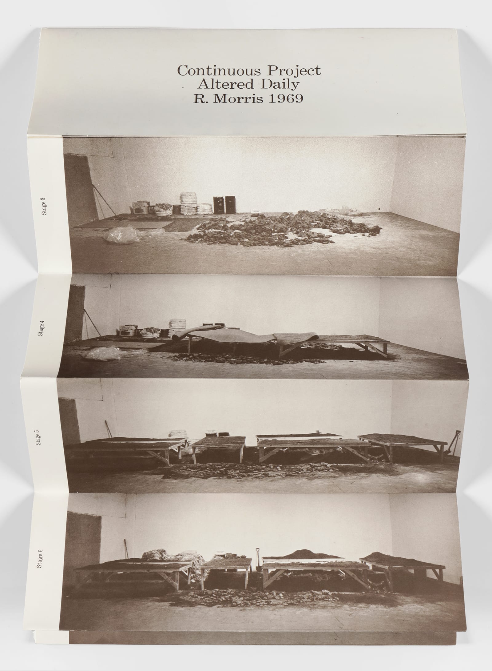 Robert Morris Continuous Project Altered Daily, 1969 Offset lithograph on paper, folded Folded: 4 x 12 in. (10.2 x 30.5...