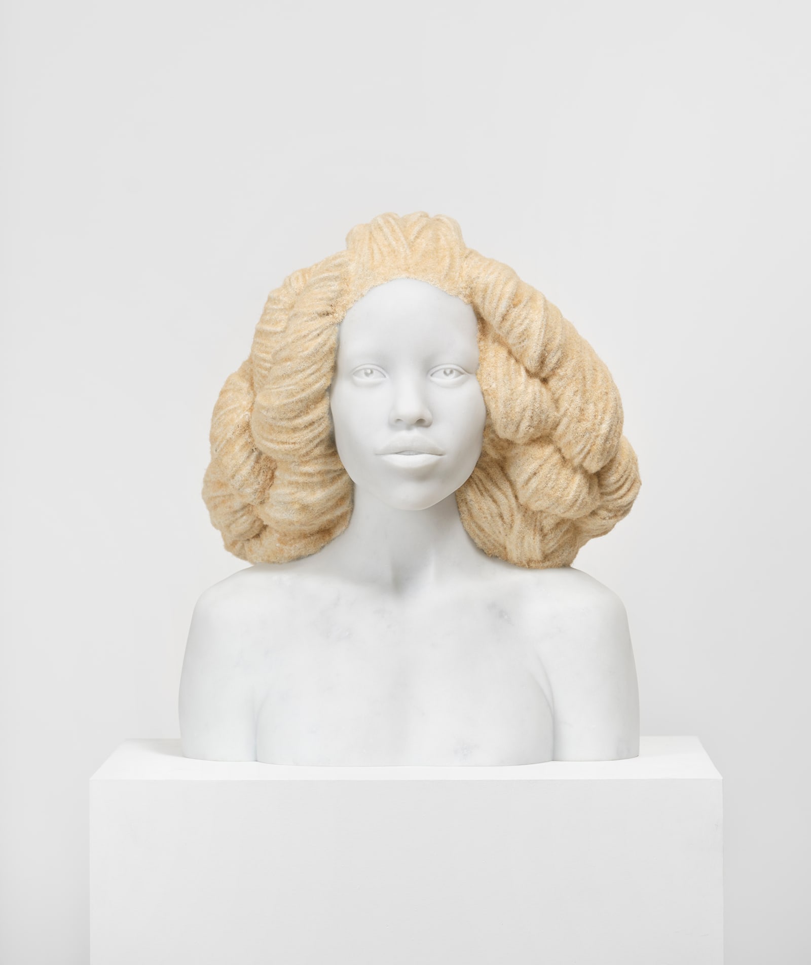 Tavares Strachan Makeda (A Map of the Crown), 2024 Marble, flocked hair 19 3/8 x 16 1/2 x 12 3/4...