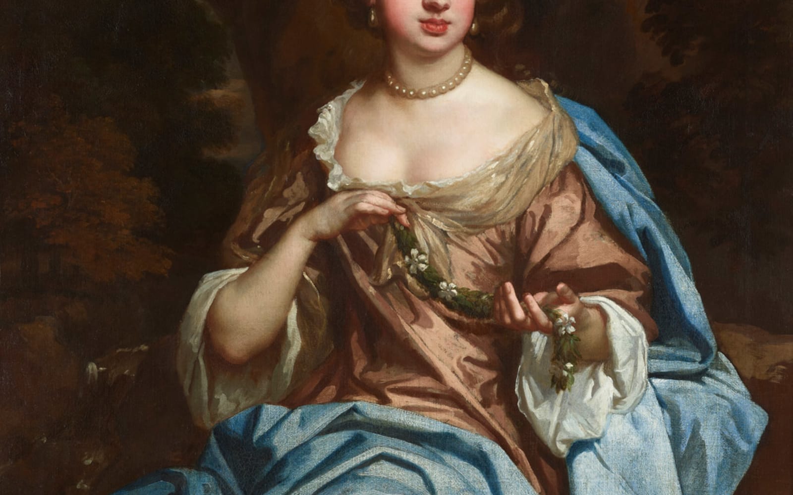 Portrait by Sir Peter Lely, of a woman in a broze silk dress and blue covering