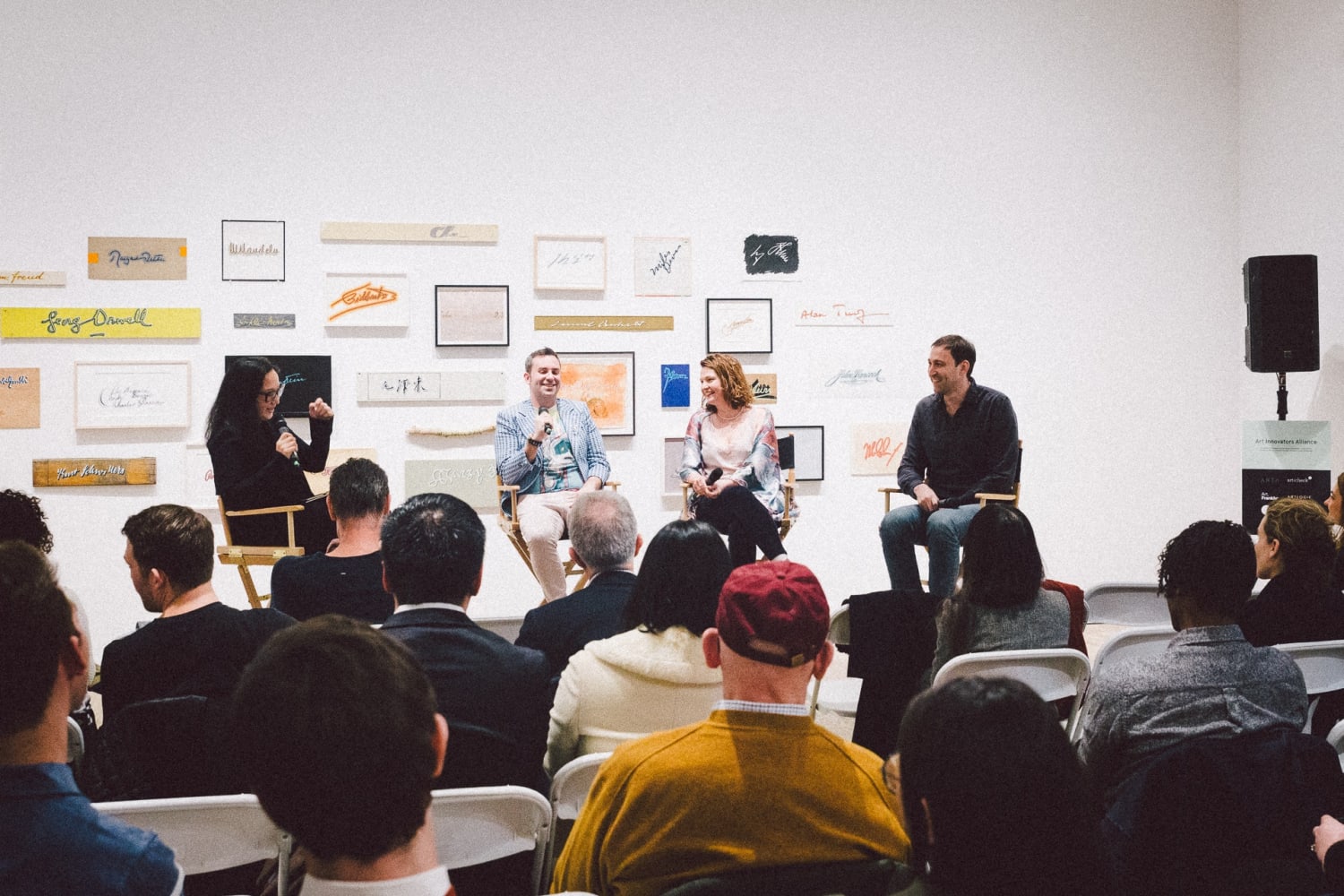 Left to right: Alisa Mala, Alex Mitow, Superfine!; Annika Erikson, Articheck; Daniel Doubrovkine, Artsy. Works by artist Joe Amrhein. Courtesy Postmasters Gallery. Photo Erik Erikson