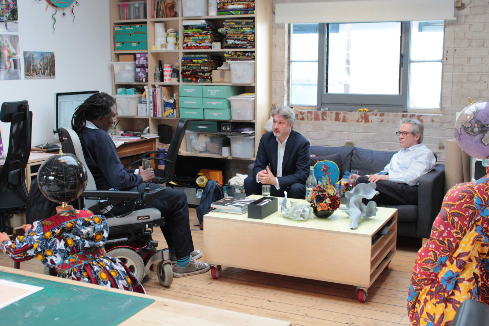 <p>Yinka Shonibare CBE, David Cleaton-Roberts and Alan Cristea at Shonibare's studio, 2019. Photo: Imogen Wright</p>