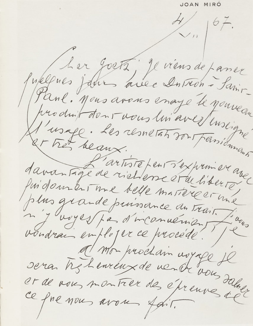 <p>"...The results are exciting and very beautiful. The artist can express himself with more richness and freedom, it is therefore a beautiful material, and gives a greater power to the line..." - April 1967, Letter from Joan Miró to Henri Goetz  </p><p><a href="https://cristearoberts.com/artists/81-joan-miro/?_cmspreview=1"> </a></p>