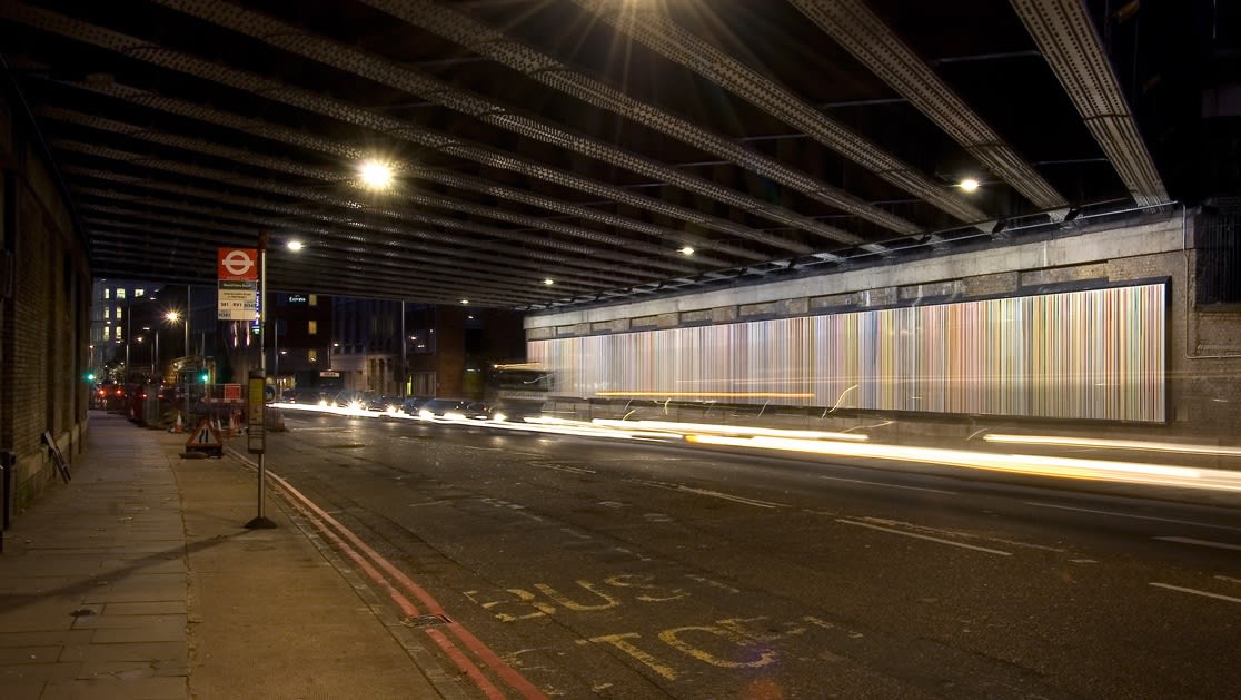 <p>Ian Davenport; <i>Poured Lines: Southwark Street</i>, London, 2006.</p>