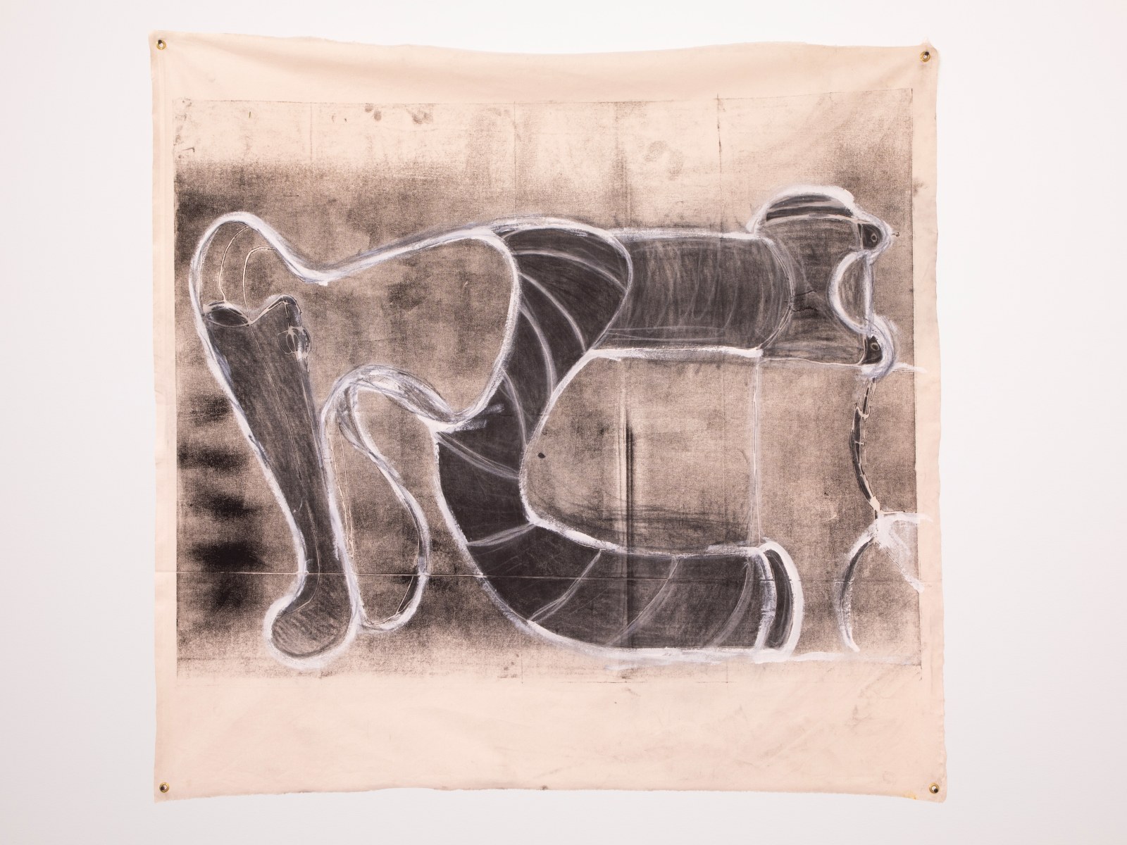 Daid Roy, Climb, 2022-2025. Woodblock, charcoal, acrylic and coffee on canvas. 62 x 64 in (157.48 x 162.56 cm).