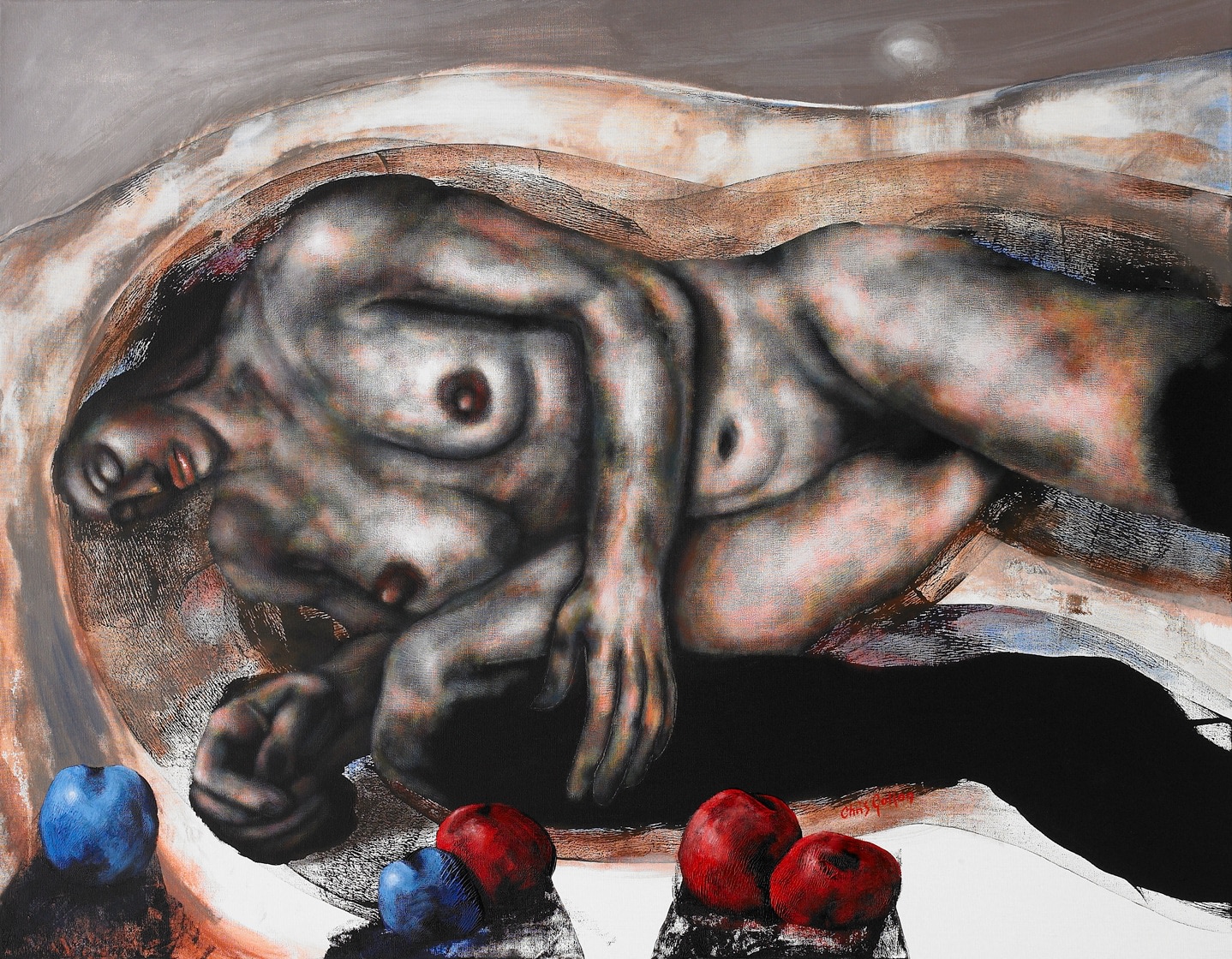 Chris Gollon, Reclining Nude with Blue and Red Apples, 2010