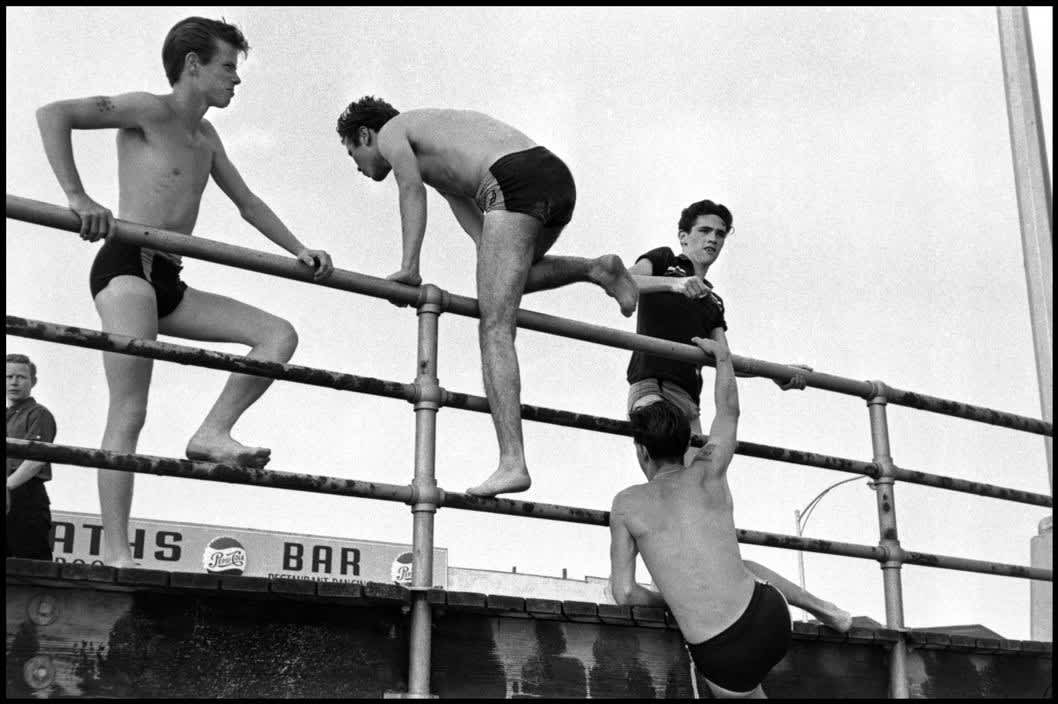 Brooklyn Gang (teenage boys in bathing suits near boardwalk, 1959