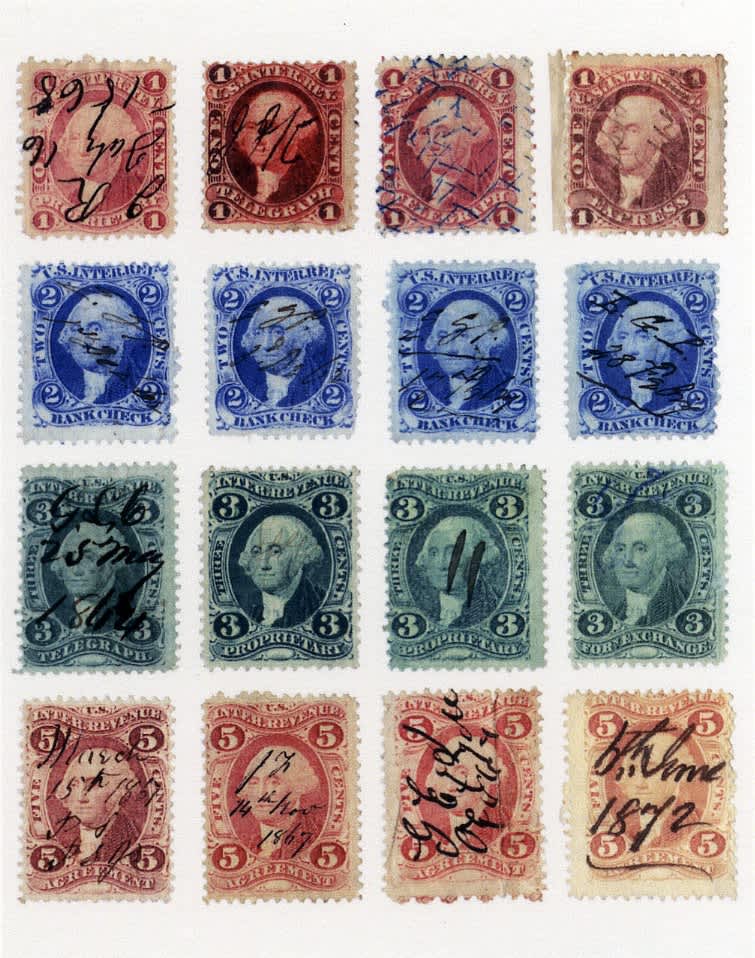 Sixteen First Issue Revenue Stamps with Pen Cancels, 2013