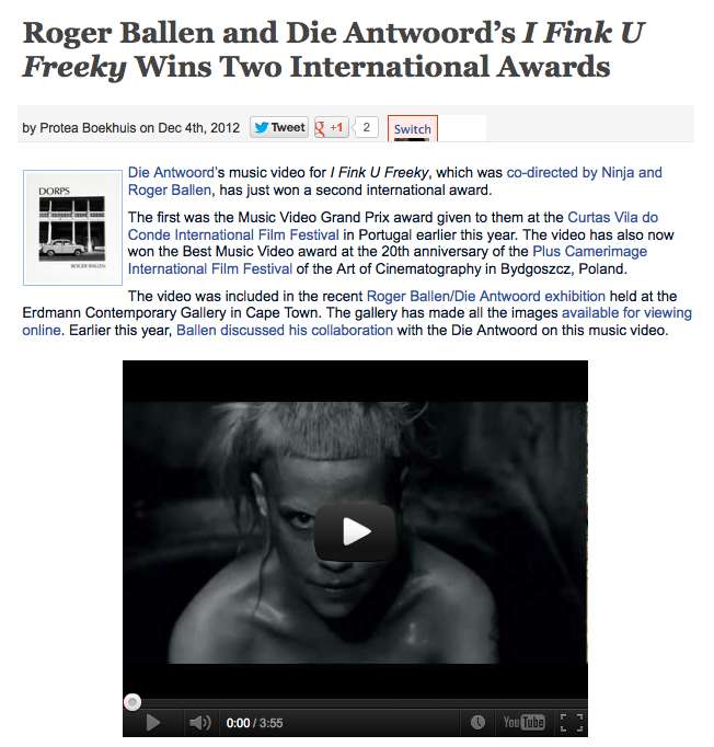 Roger Ballen wins two prestigious international awards for music video
