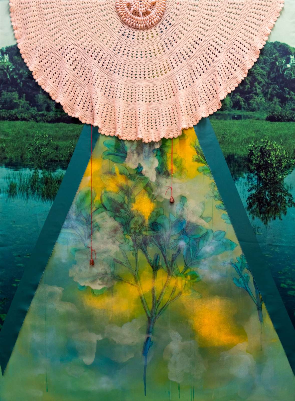 Shiraz Bayjoo, 'Pa Bliye Mwa (Don’t Forget Me)', Two, 2024, Acrylic on Panama fabric, satin print, crochet cloth, satin cord, brass botanical seeds, woven sea shells, 190 x 140 cm. Courtesy of the Artist and Copperfield, London.