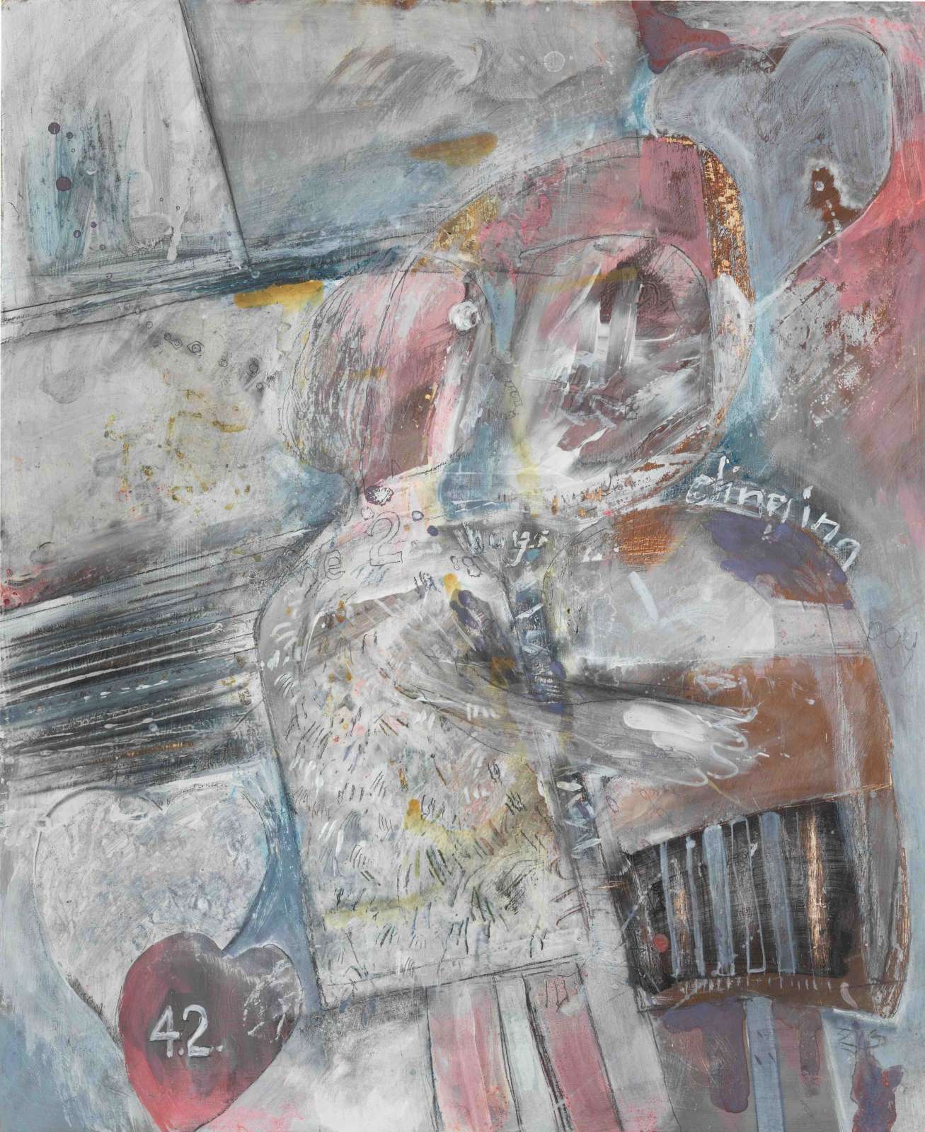 David Hockney, 'We Two Boys Together Clinging', 1960, oil and pencil on hardboard, 55.9 × 45.7 cm. Courtesy of the artist and Hazlitt Holland-Hibbert