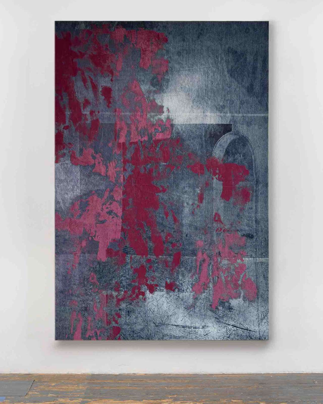 Filippo Antonello, ‘Rising down’, 2025, 130 x 190cm, Bleach, Ink, Velvet on denim. Courtesy of the Artist and Kearsey & Gold.