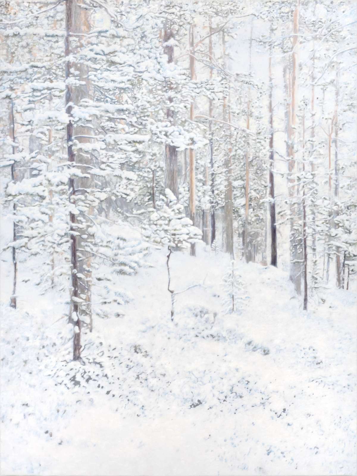 Martine Poppe, 'Now snow falls soft in shadowed gray, and hides the fields and path away', 2025, Oil on polyester restoration fabric, 160 x 120 cm. Courtesy of the Artist and Kristin Hjellegjerde Gallery