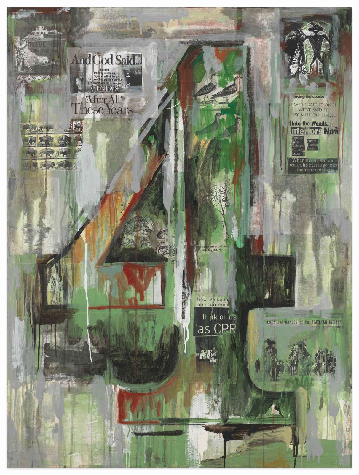 Jaune Quick-to-See Smith, 'I See Red: Give Me That Old Time Religion', 1996. Mixed media on canvas, 142.2 x 106.7cm. Courtesy the artist and Stephen Friedman Gallery, London and New York. Photo: Christopher Burke.