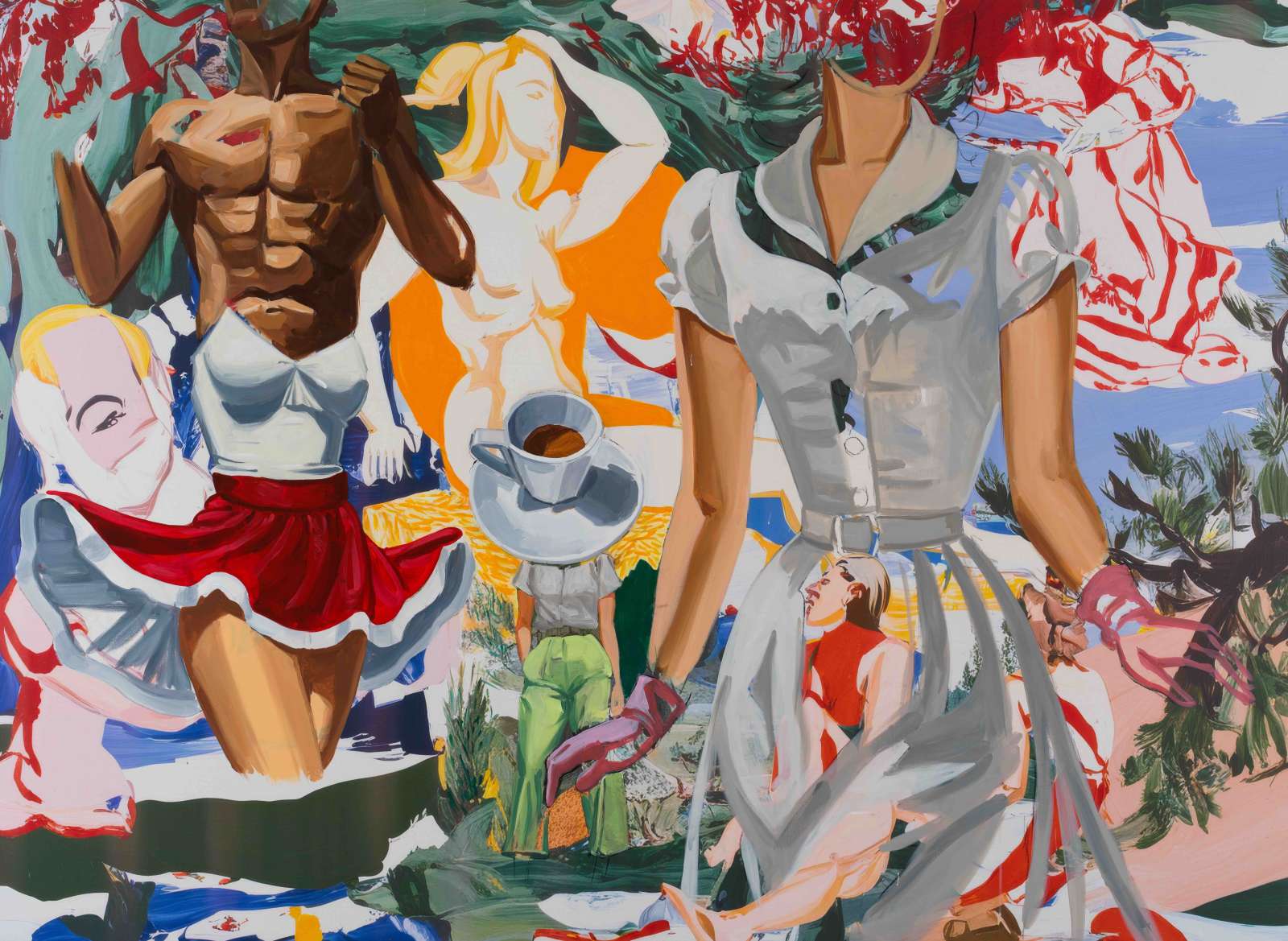 David Salle, 'N.P. Intrigue', 2025, Oil, acrylic, flashe, and charcoal on archival UV print on linen, 182.88 x 248.92 cm. Courtesy of the artsit and Thaddaeus Ropac gallery, London. Photo: John Behrens
