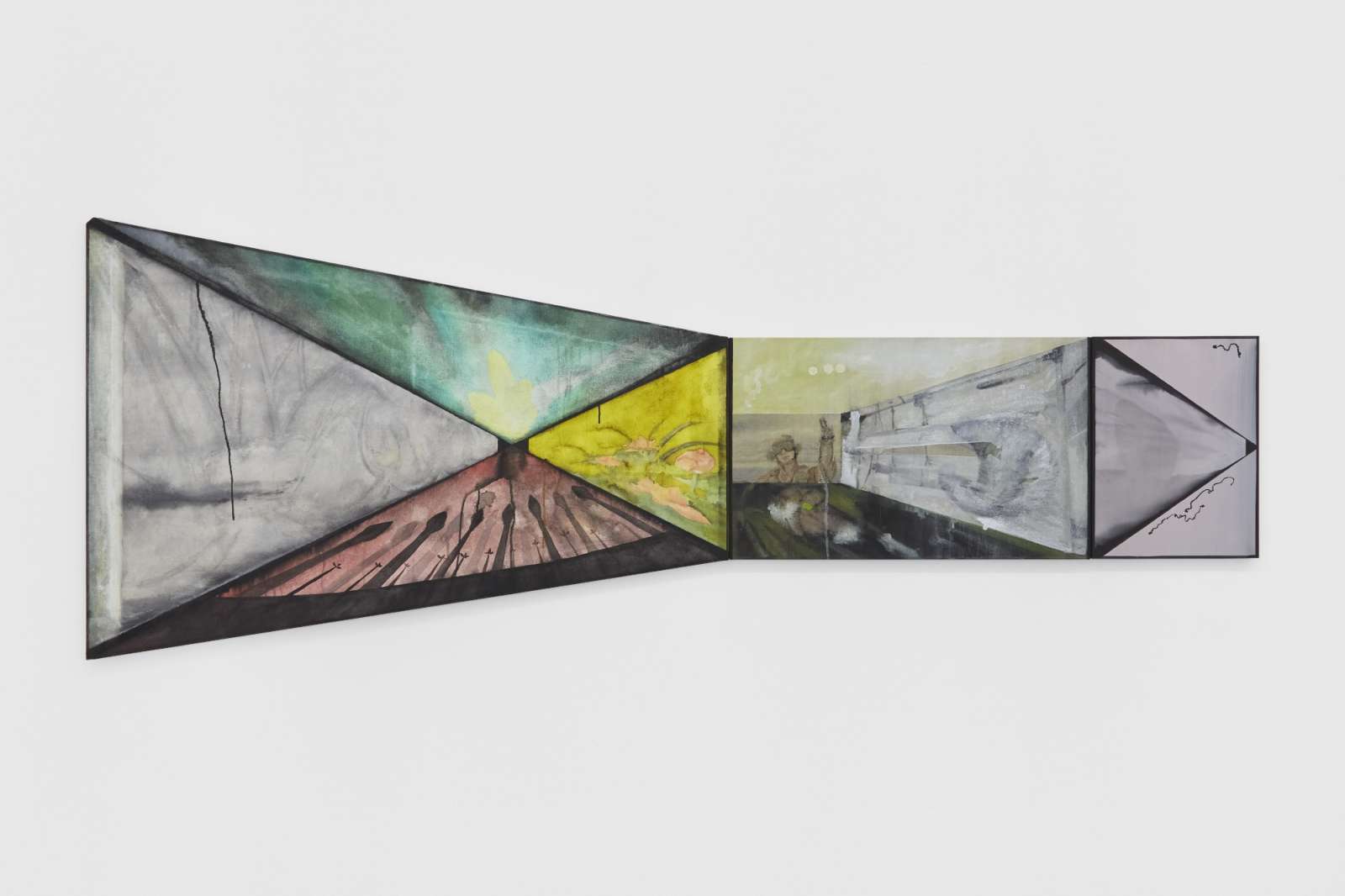'Muddy Water Start Up', 2024–2025. Watercolour on linen and paper, 83.5 x 218 cm