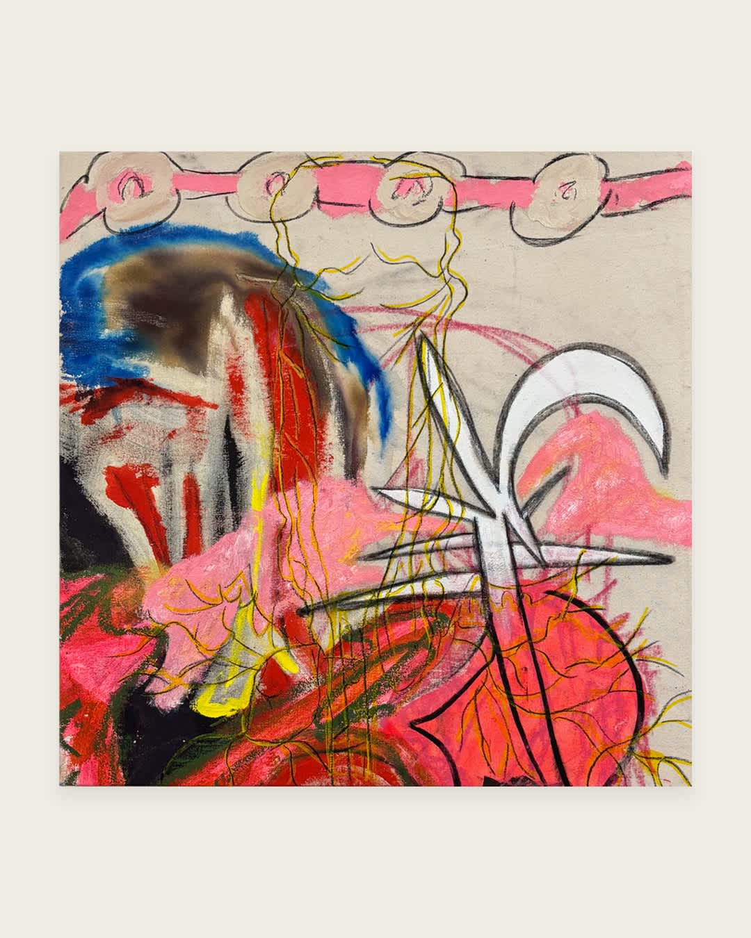 Hetty Douglas, 'Wondering Nerve', 2025, acrylic, ink, oil bar and charcoal on canvas, 61 x 61 cm. Courtesy of the arist and Haricot Gallery, London