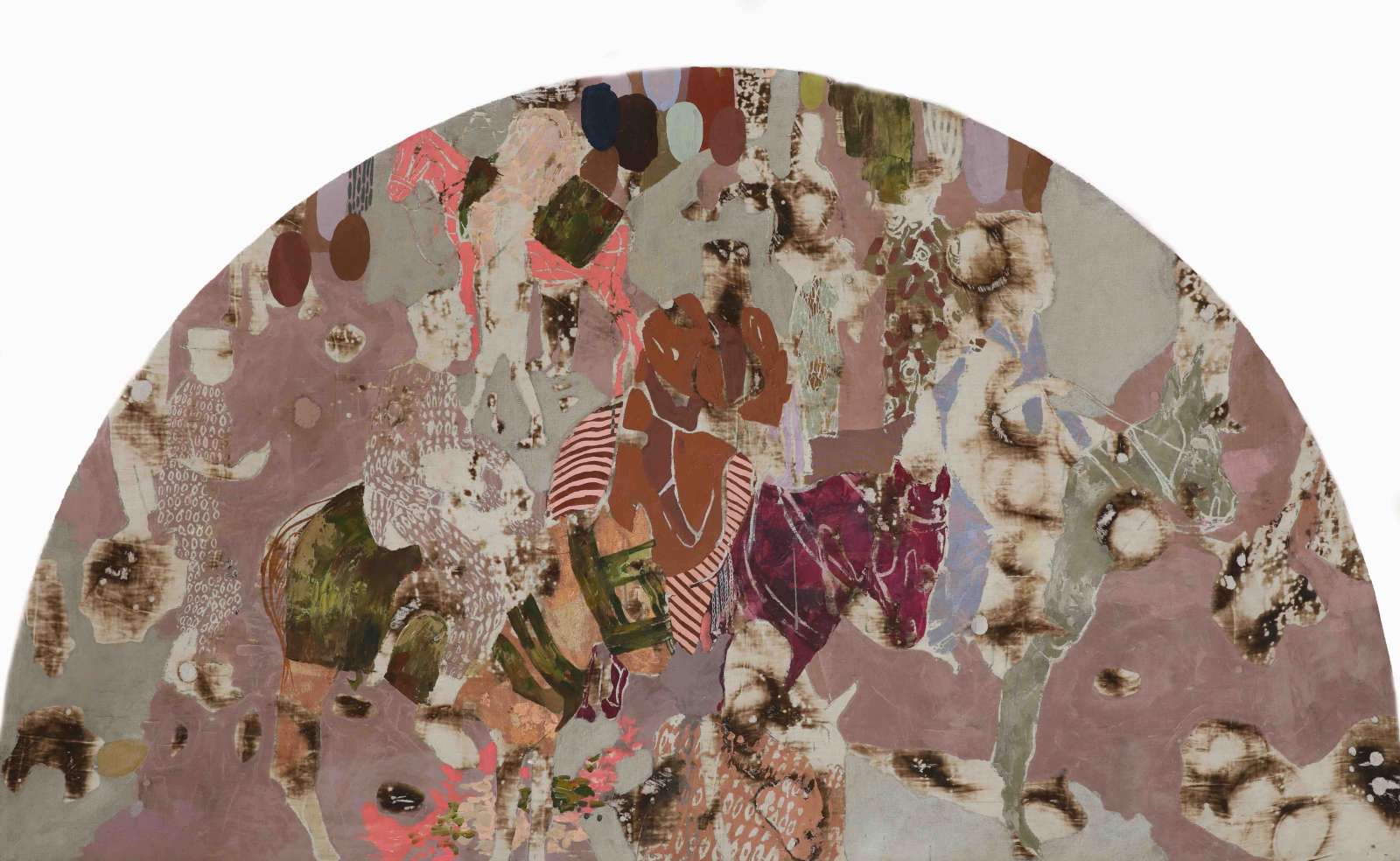 Modupeola Fadugba, 'The Coronation’, 2025, Acrylic, graphite, and ink on burned Canvas, 68cm diameter. Courtesy of the artist and Gallery 1957.