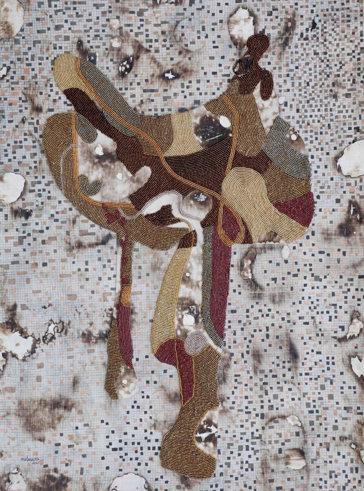 Modupeola Fadugba, The King’s Seat, 2025, Acrylic, graphite and beads on burned Canvas, 96.52 x 71.12cm. Courtesy of the artist and Gallery 1957