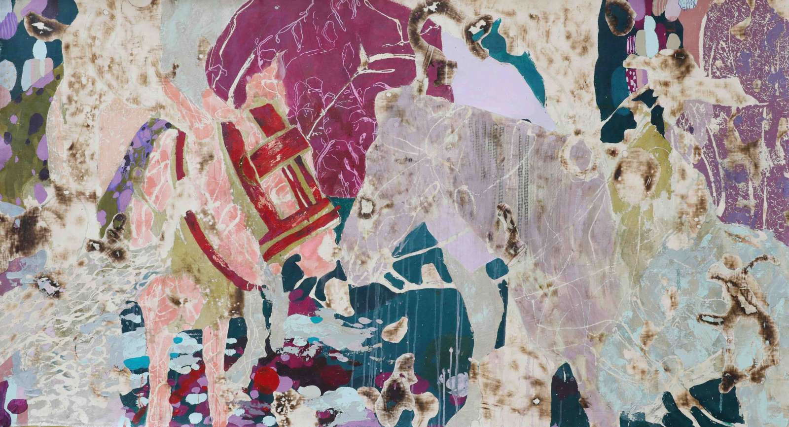 Modupeola Fadugba, ’The Kiss’, 2025, Acrylic, graphite and ink on burned Canvas, 182.88 x 99.06cm. Courtesy of the artist and Gallery 1957