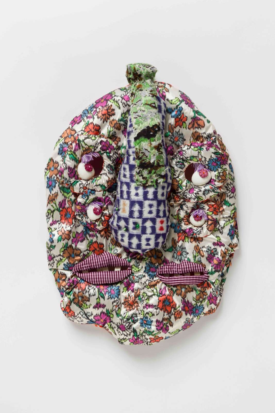 Francis Upritchard, 'Flowery Marni' , 2023, fabric, leather and acrylic padding and armature, 46 x 34 x 8 cm. Courtesy of the artist and Kate MacGarry