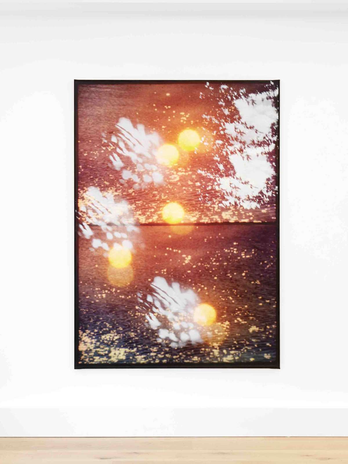 Anna Higgins, 'Thread Suns', 2025, multiple exposure colour reversal film on etching paper, screenprint, archival varnish, acrylic ink on canvas, 175 x 125 cm. Photography by Matt Spour, Courtesy of the Artist and IONE & MANN.