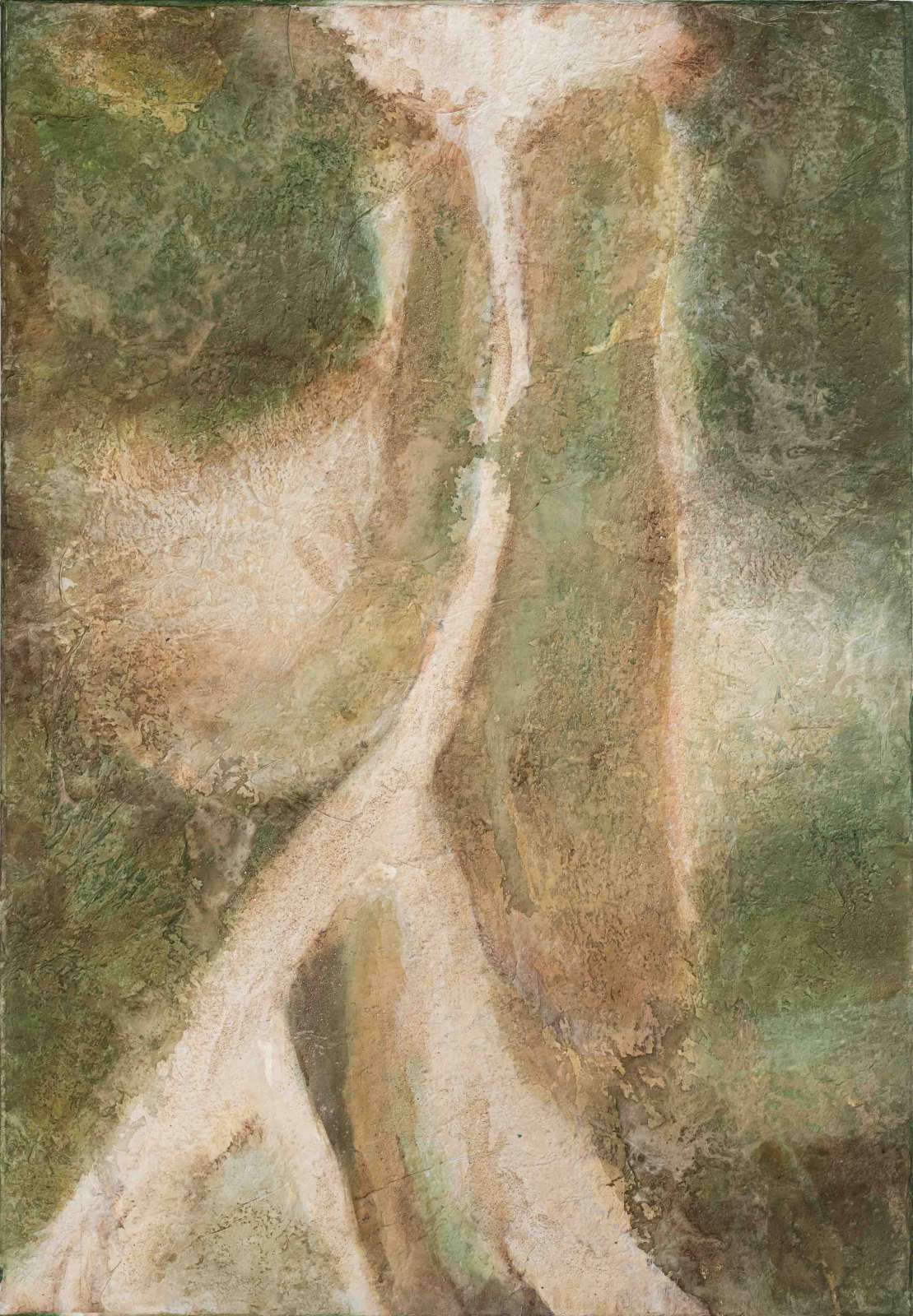 Bo Kim, 'In Their Arms We Bloom', 2025, hanji, sand and acrylic on canvas, 130 x 90 cm. Courtesy of the aritst and Palmer Gallery, London
