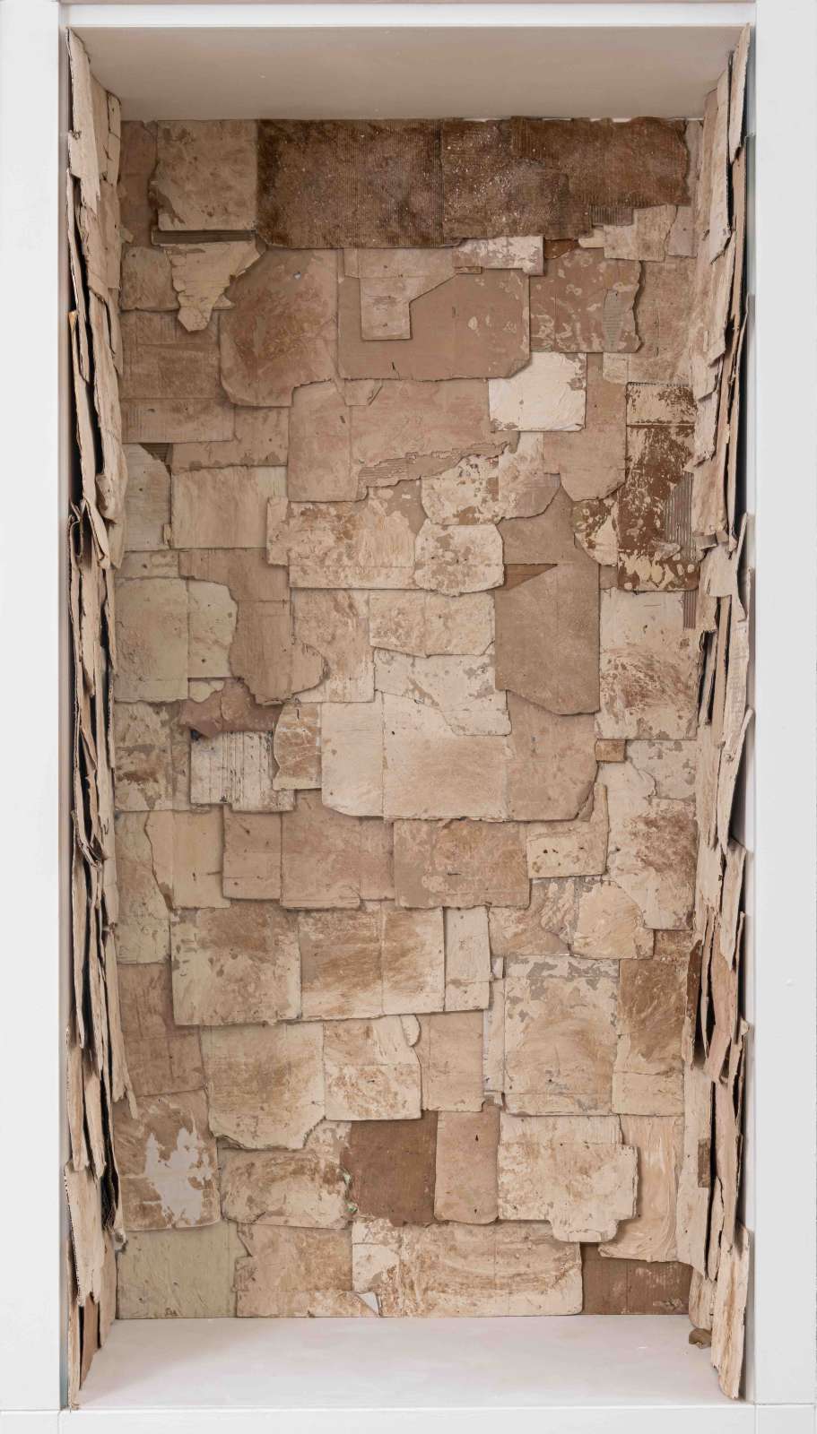 Emii Alrai, 'Requiems', 2018-2024 , 2018 -2024, cardboard British gypsum straw and sand, 220 x 70 x 105 cm. Courtesy of the aritst and Palmer Gallery, London