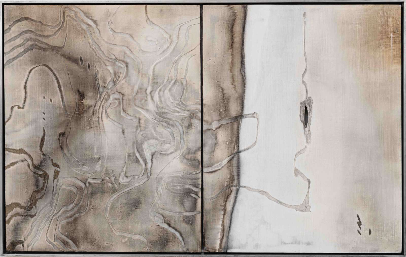Carolina Aguirre, 'SSSSS', 2025, Sumi ink, shellac ink, natural pigment on wood panel in aluminium frame, 50 x 80 (diptych). Courtesy of the aritst and Palmer Gallery, London