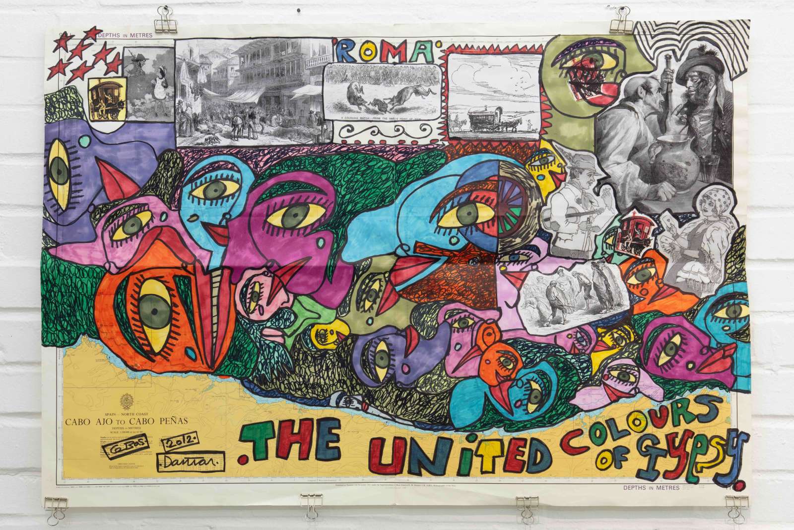 Damian Le Bas, 'The United Colours of Gypsy', 2012 , 104cm x 71cm, permanent marker, collage of found images on printed map. Photo: Alexander Christie
