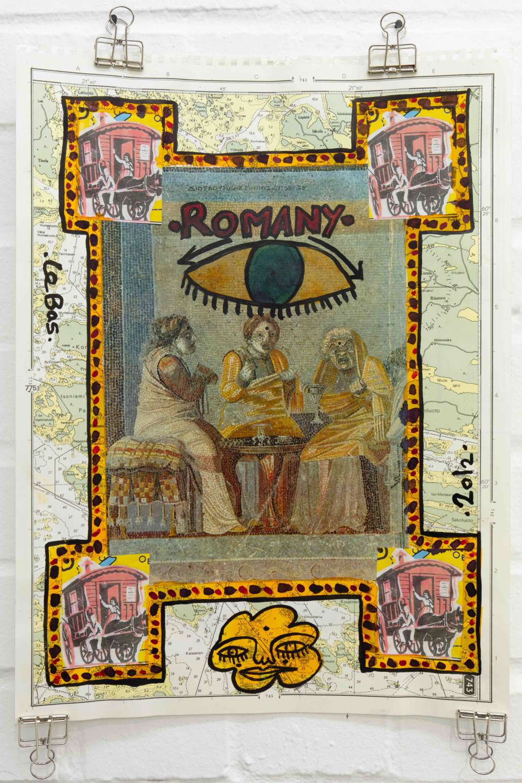 Damian Le Bas, 'Romani Eye of the Empire', 2012 , 46cm x 34cm, acrylic, marker, collage of found images on printed map. Photo: Alexander Christie
