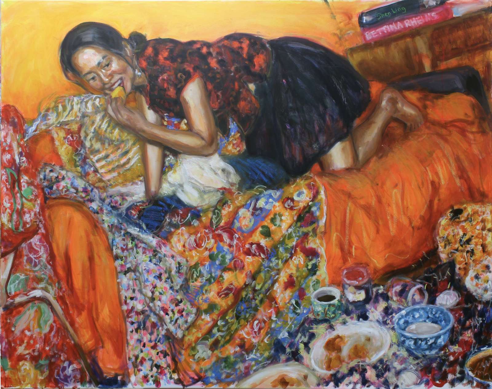 Caroline Wong, Marigold orange (Betty), 2022, Oil and oil pastel on canvas, 152 x 122 cm