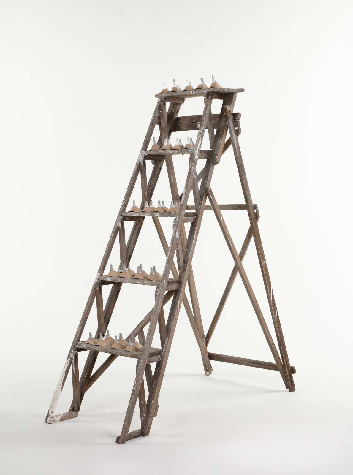 Lonnie Holley, Her Steps to Success, 2020, Wooden ladder and wooden and metal shoe making heels, 137 x 51.5 x 105.5 cm