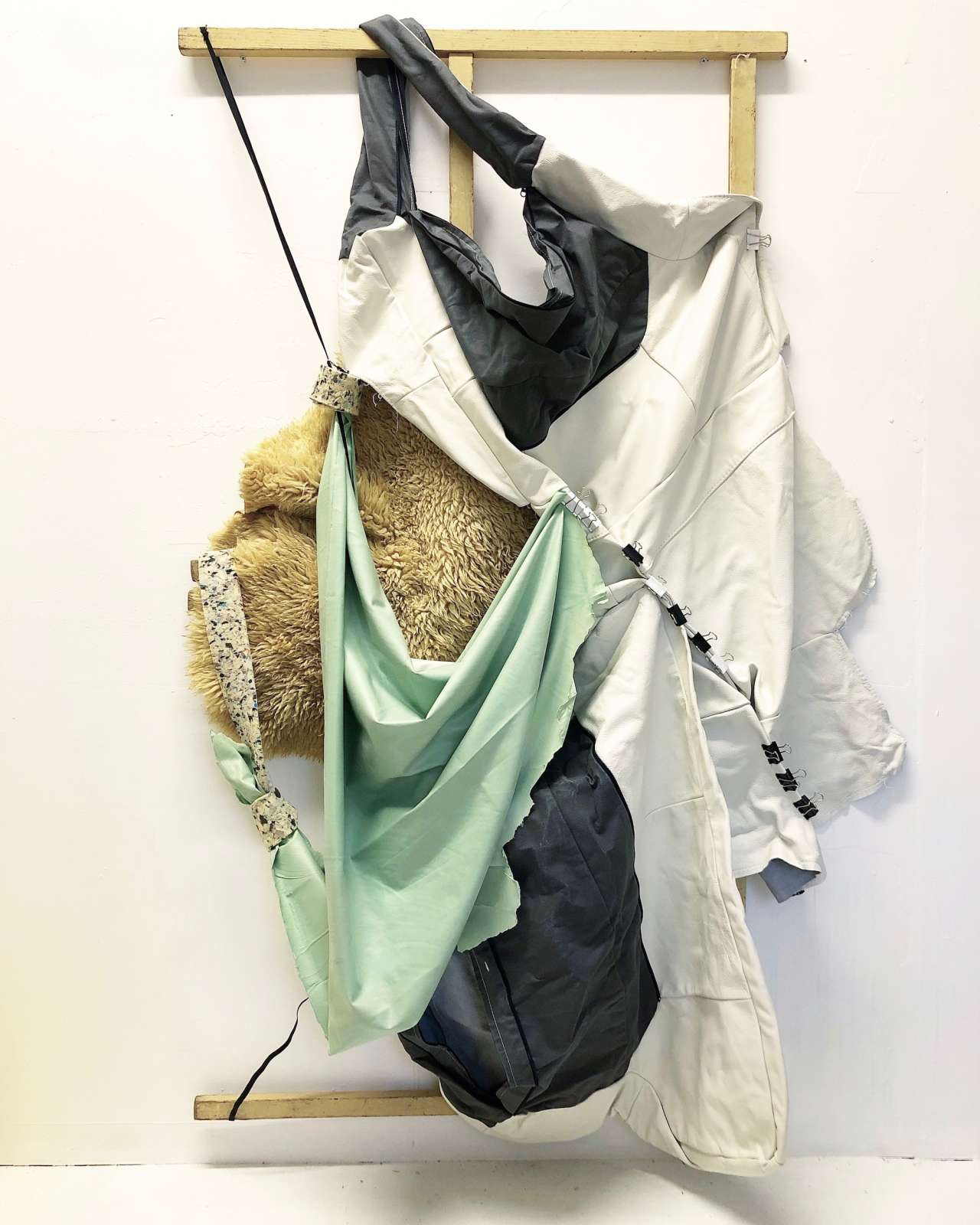 Andrea V Wright, Precarious Conditions of Uncertainty VI, 2021. Vintage Pine Clothes Airer, Shhepskin, Latex, Leather Sofa Covers, Clips, Elastic, Carpet Foam