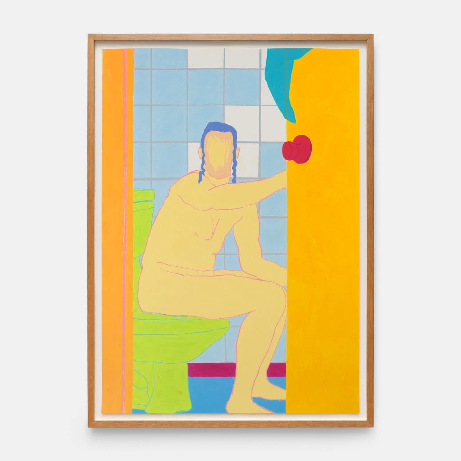 Navot Miller, Zach On A Toilet Seat, 2018 Water Soluble Wax Pastel On Paper Museum Glass Oakwood Frame 102 X 72 Cm
