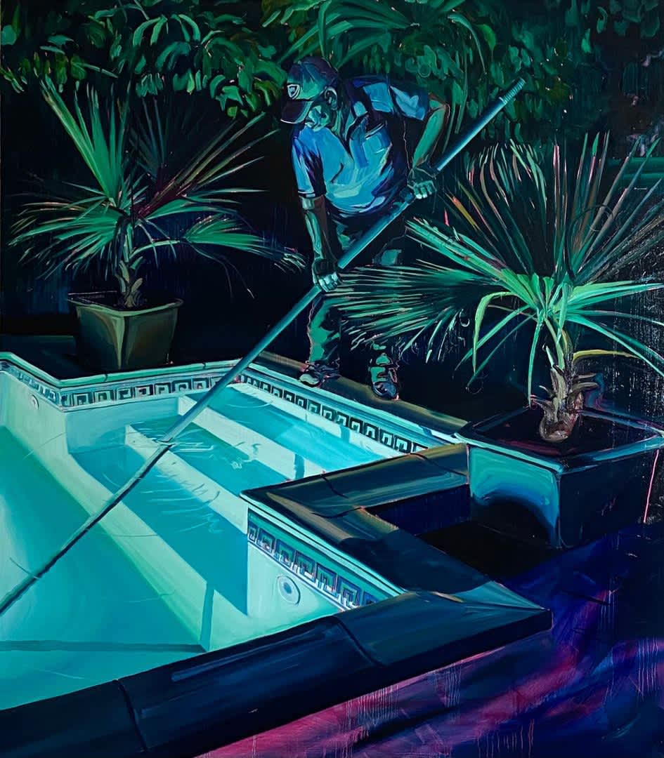 Rex Southwick, 'Greek key pool', 2022. Oil on canvas, 140x160cm. Courtesy of Unit London.